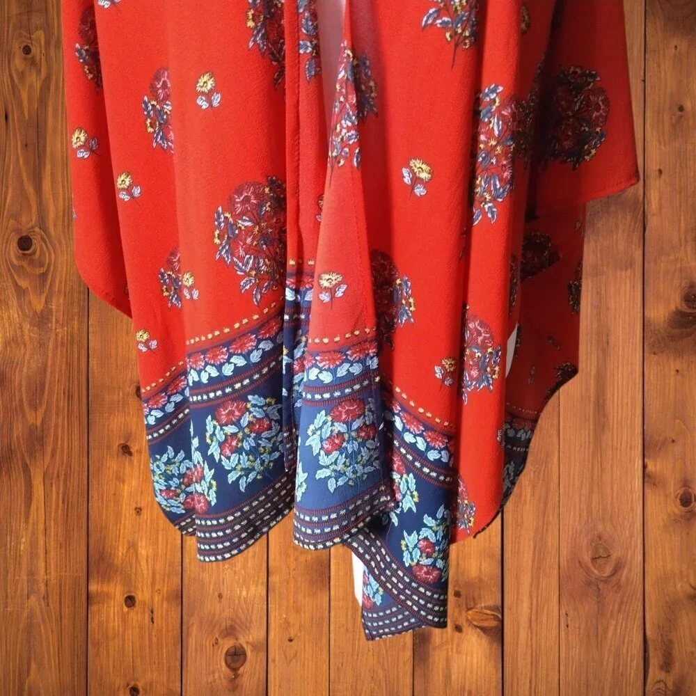 Marcus Adler One Size Women's Red Floral Wrap Poncho Cover Up Boho Hippie Travel